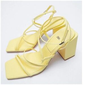 Zara Lemon Yellow Strappy Block Sandal Heel